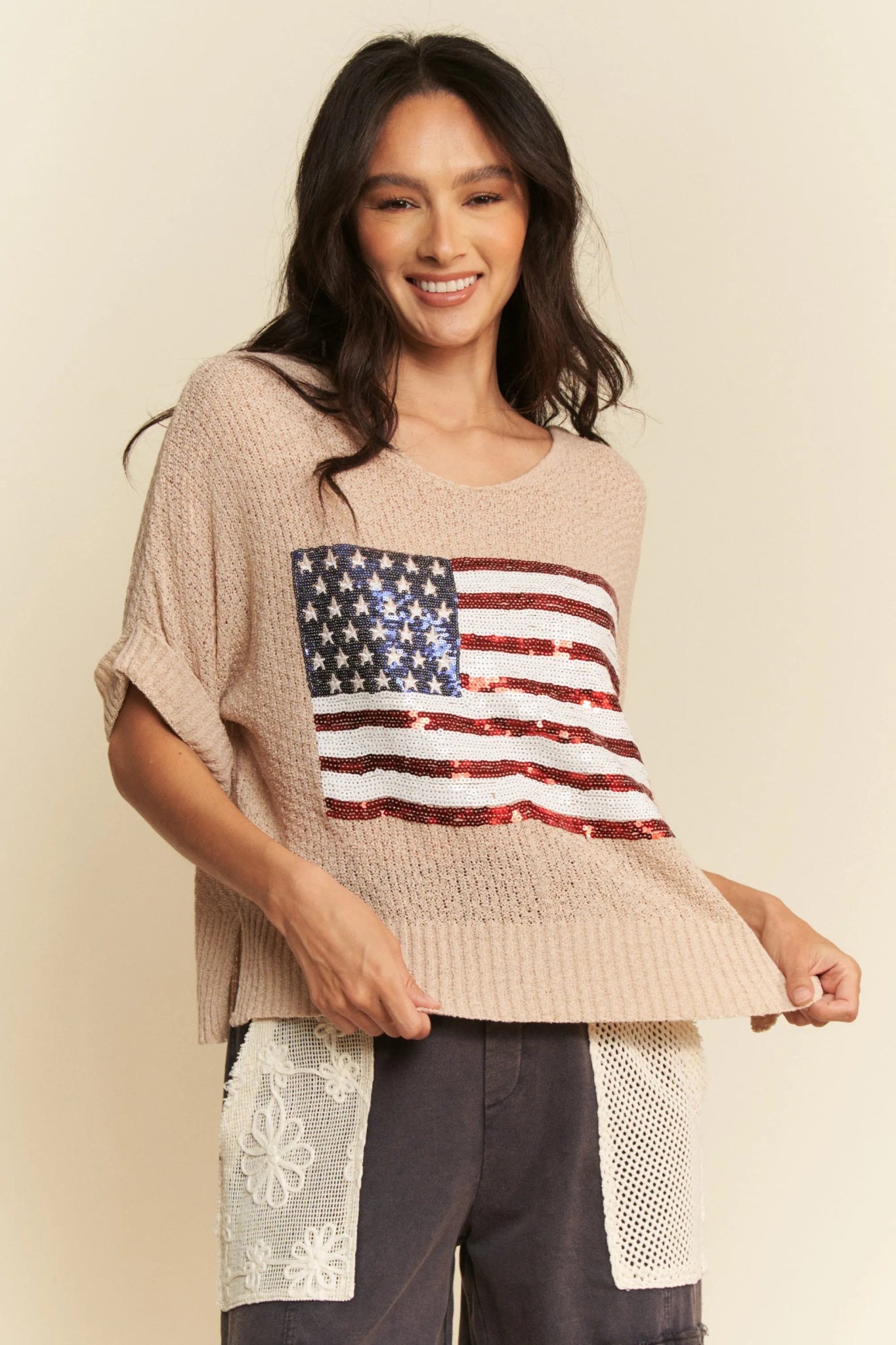 Davi & Dani Sequin American Flag Patch Short Sleeve Knit Top - Bela Fils BoutiqueBela Fils Boutique